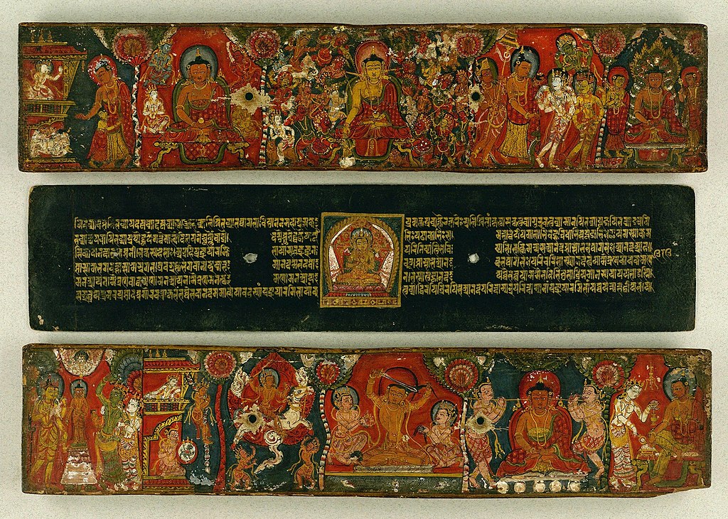 Painted covers and single folio from the Aṣṭasahasrika Prajnaparamita, manuscript