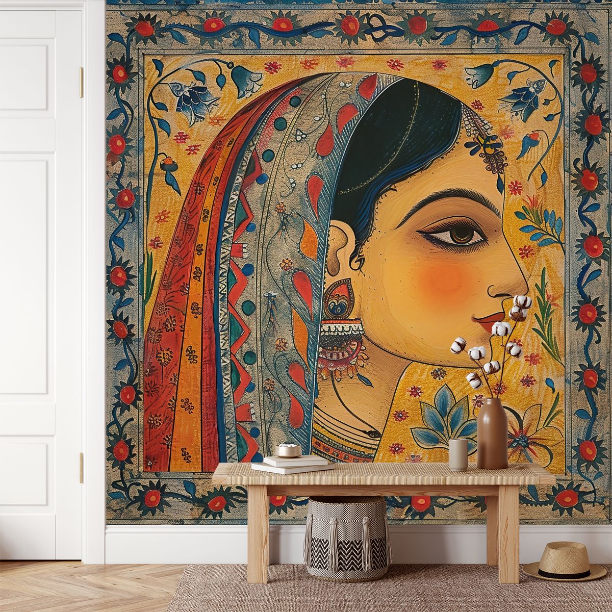 Maharani-Madhubani-Art-Painting-of-a-Woman-Mural-Wallpaper-M
