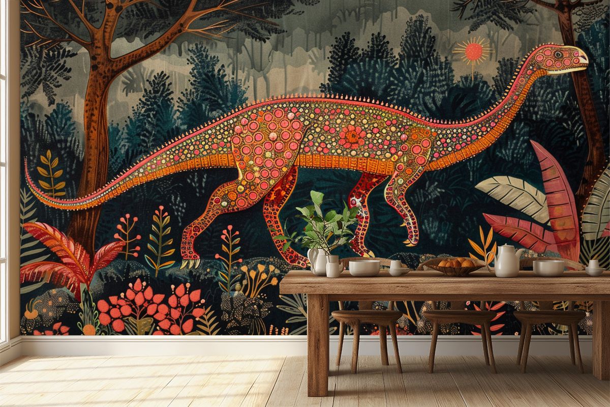 Majestic-Dinosaur-in-Traditional-Bharni-style-Madhubani-Painting-Wallpaper-M