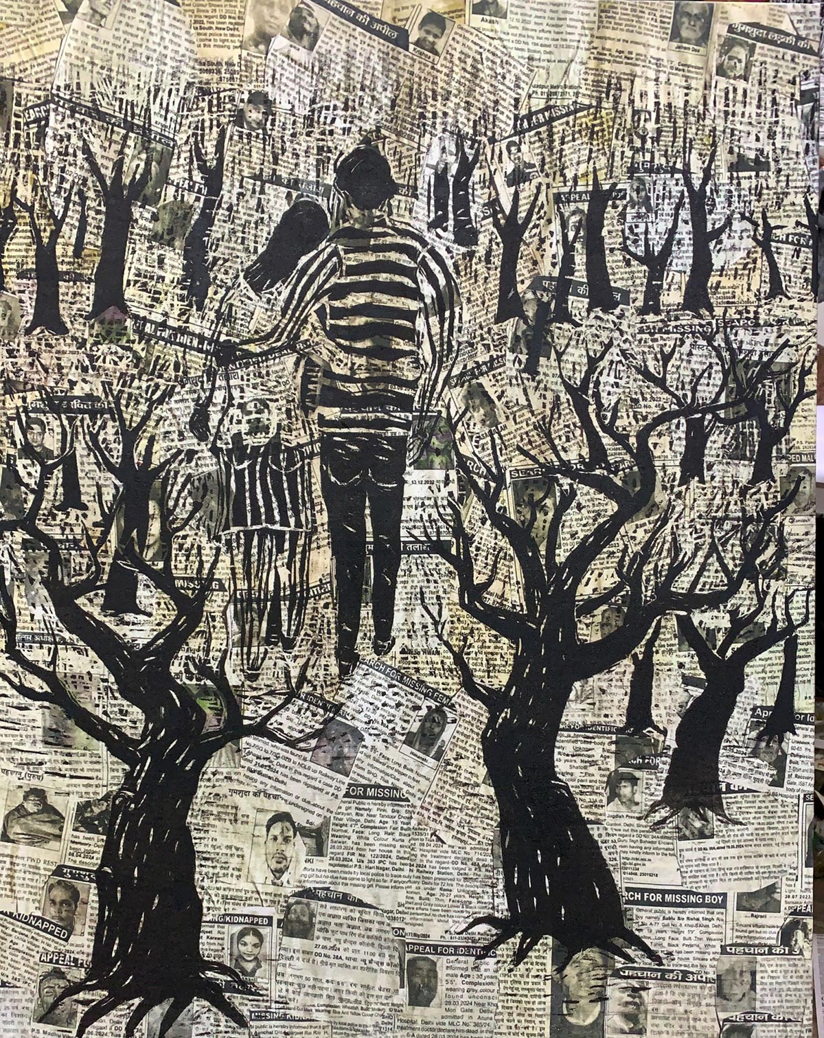Ranjan-Kaul’s-Solo-Exhibition-Evansescence-wooscutprintoncollageofnewspaperads-on-canvas-2025-