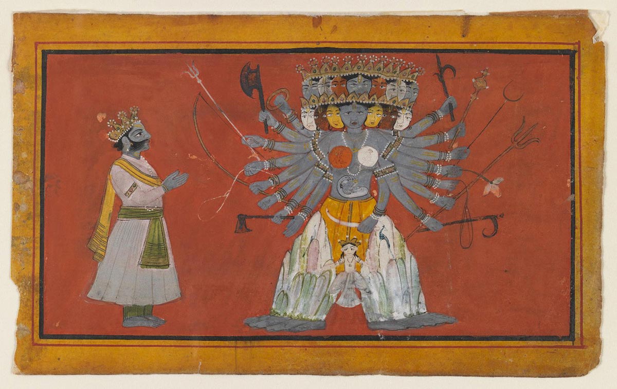 Arjuna bows to Vishvarupa of Lord Vishnu, Pahadi painting. circa 1820, Brooklyn Museum. New York.  U S A.