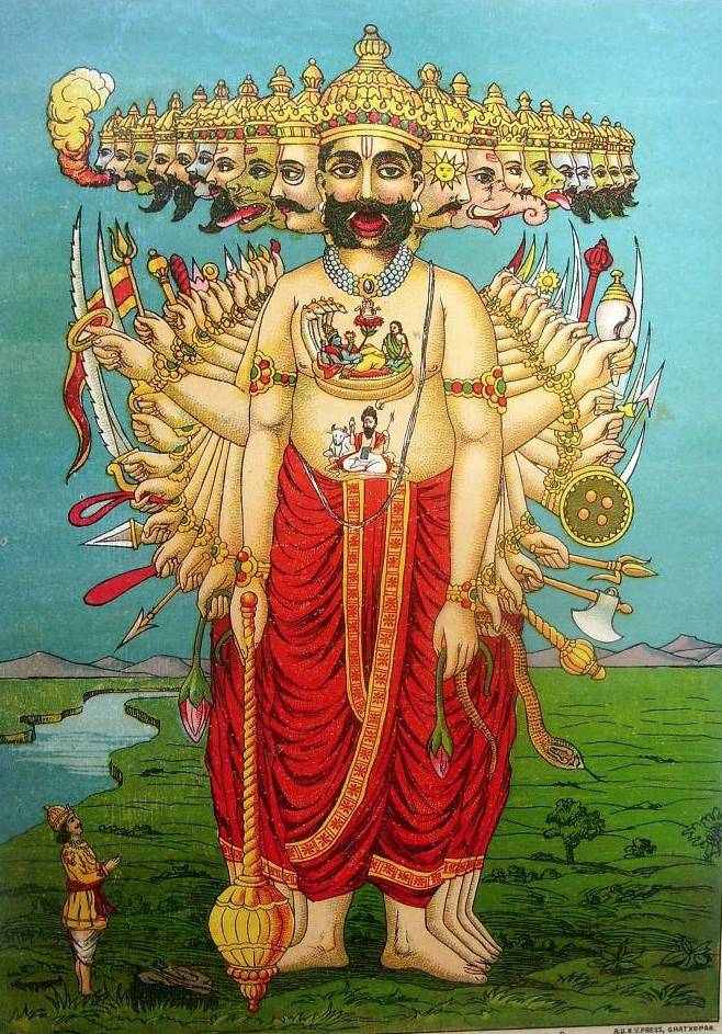 Arjuna bows to Vishvarupa, print, Raja Ravi Varma Press, early 20th century, Kerala, India