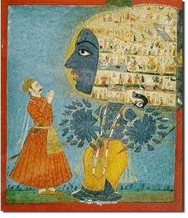 Arjuna bows to Vishvarupa. miniature painting, Rajasthan, 18th century.