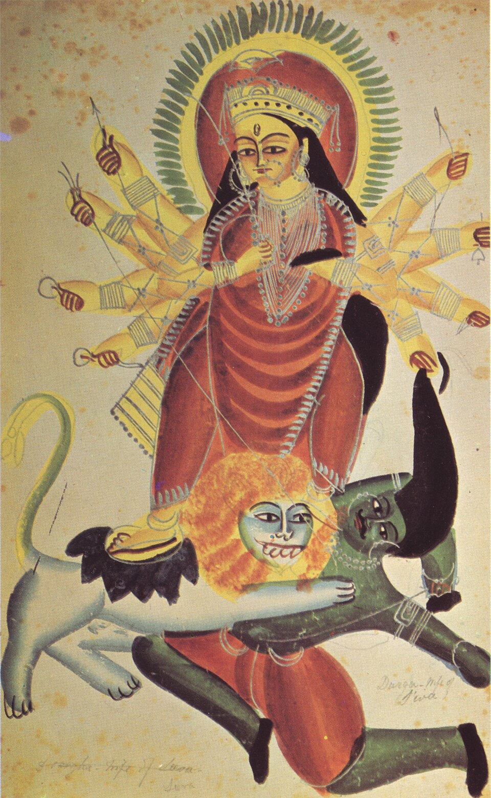 Durga and Mahishasura, Kalighat painting
