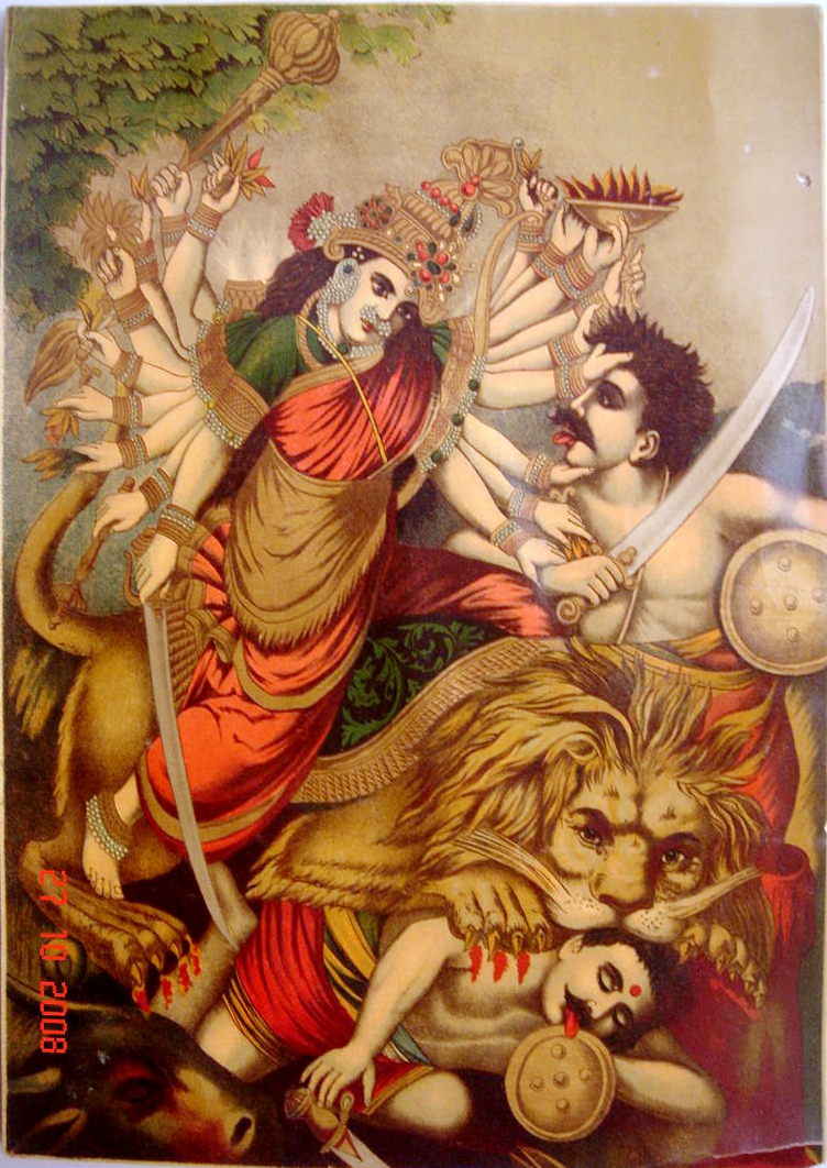 Durga as Mahishasura-mardini, lithograph, Raja Ravi Varma