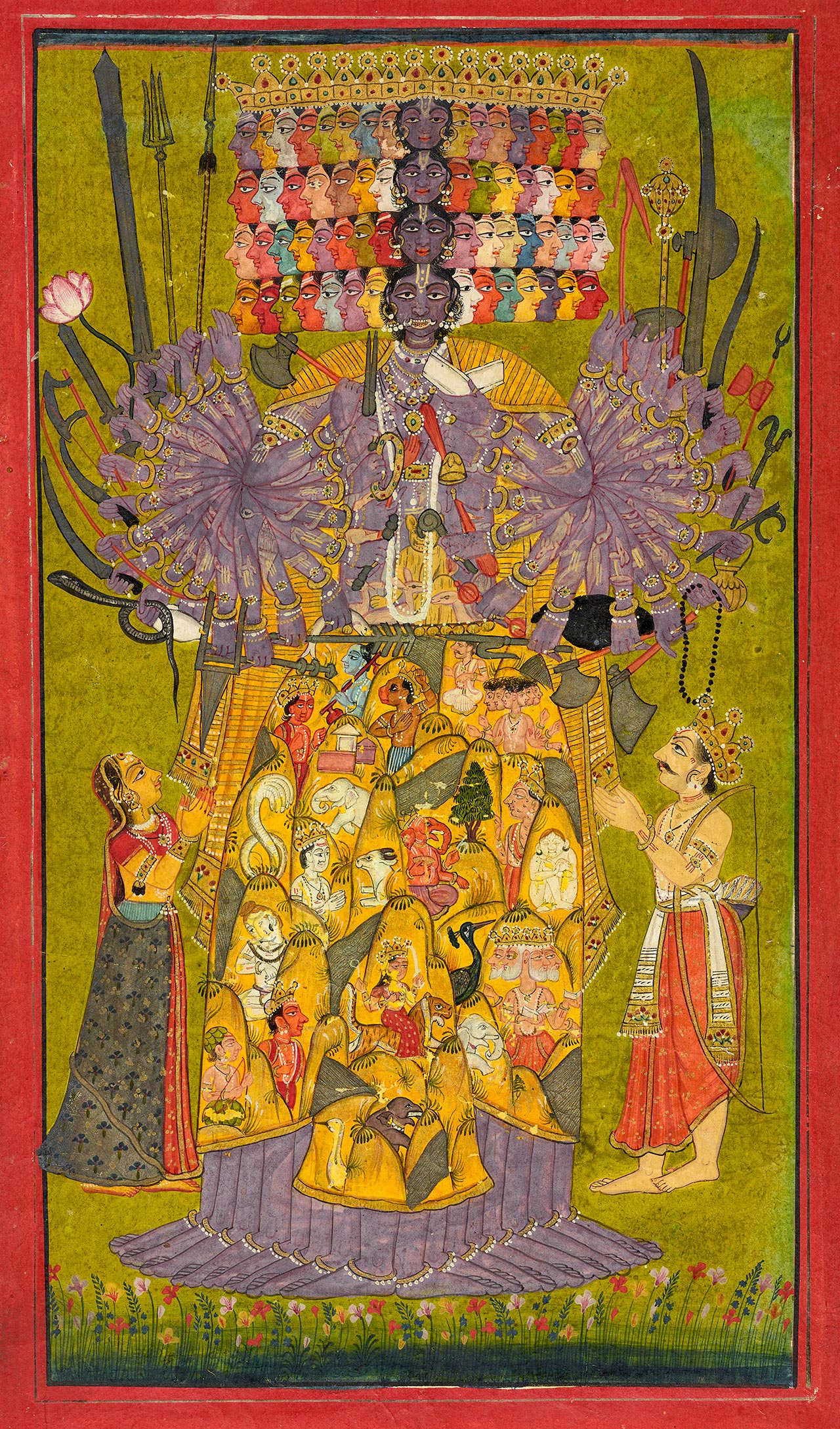 Vishvarupa with many arms and heads,Pahadi painting, Bilaspur, circa 1740.