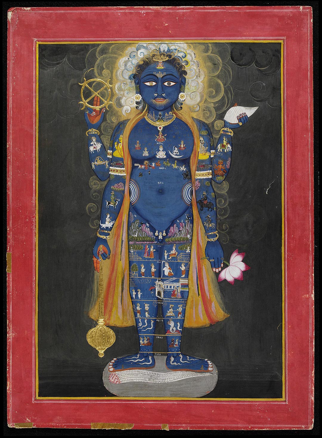 Vishvarupa with the three realms: heaven (head to belly), earth (groin), underworld (legs)