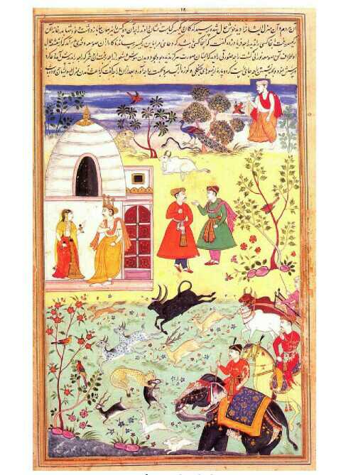 Dushyanta meets Shakuntala, folio from Razmnama
