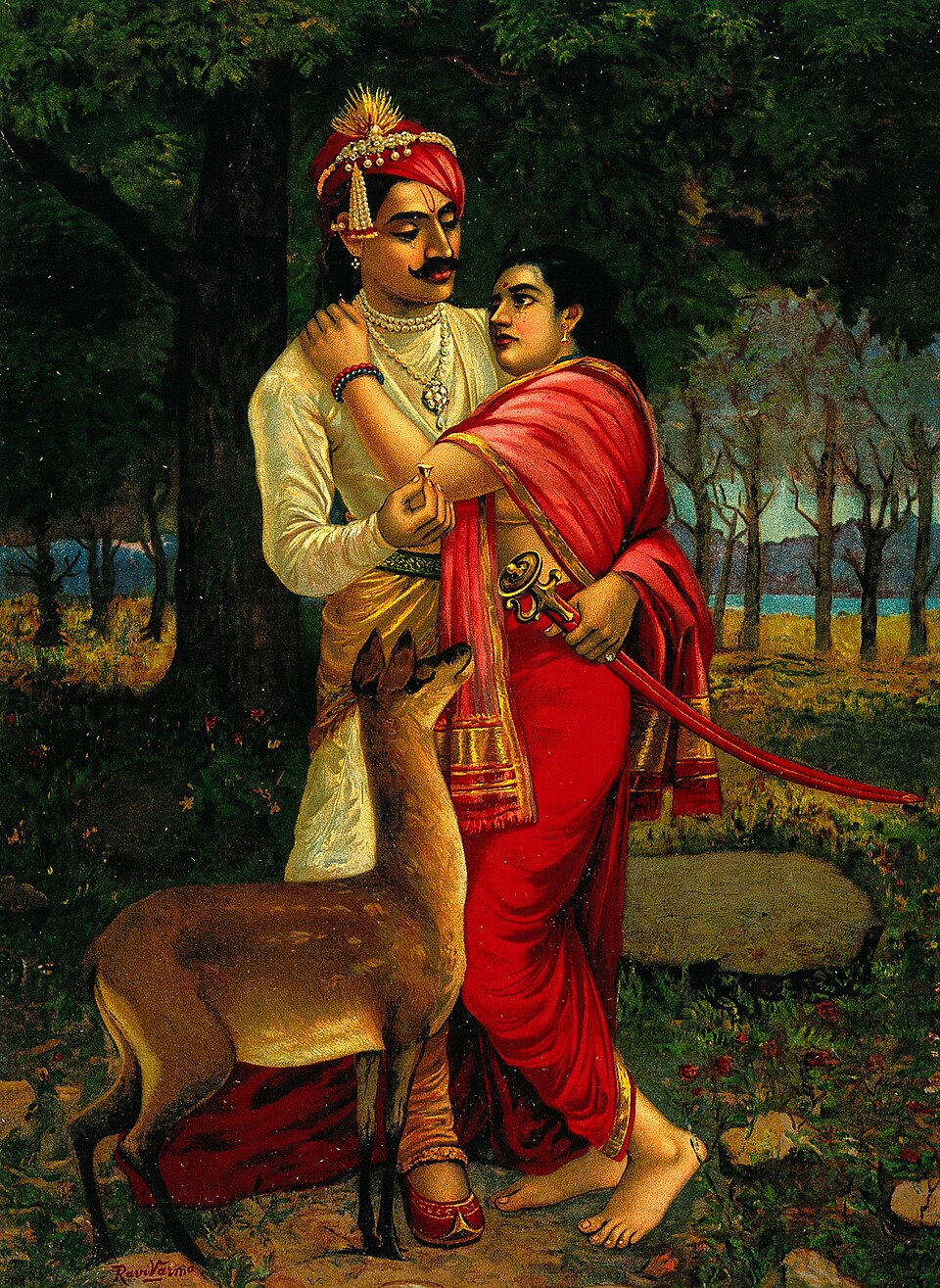 Shakuntala and Dushyanta marry in the Gandharva way, chromolithograph of painting, by Raja Ravi Varma,19th century, Wellcome Collection Gallery. London, U. K.