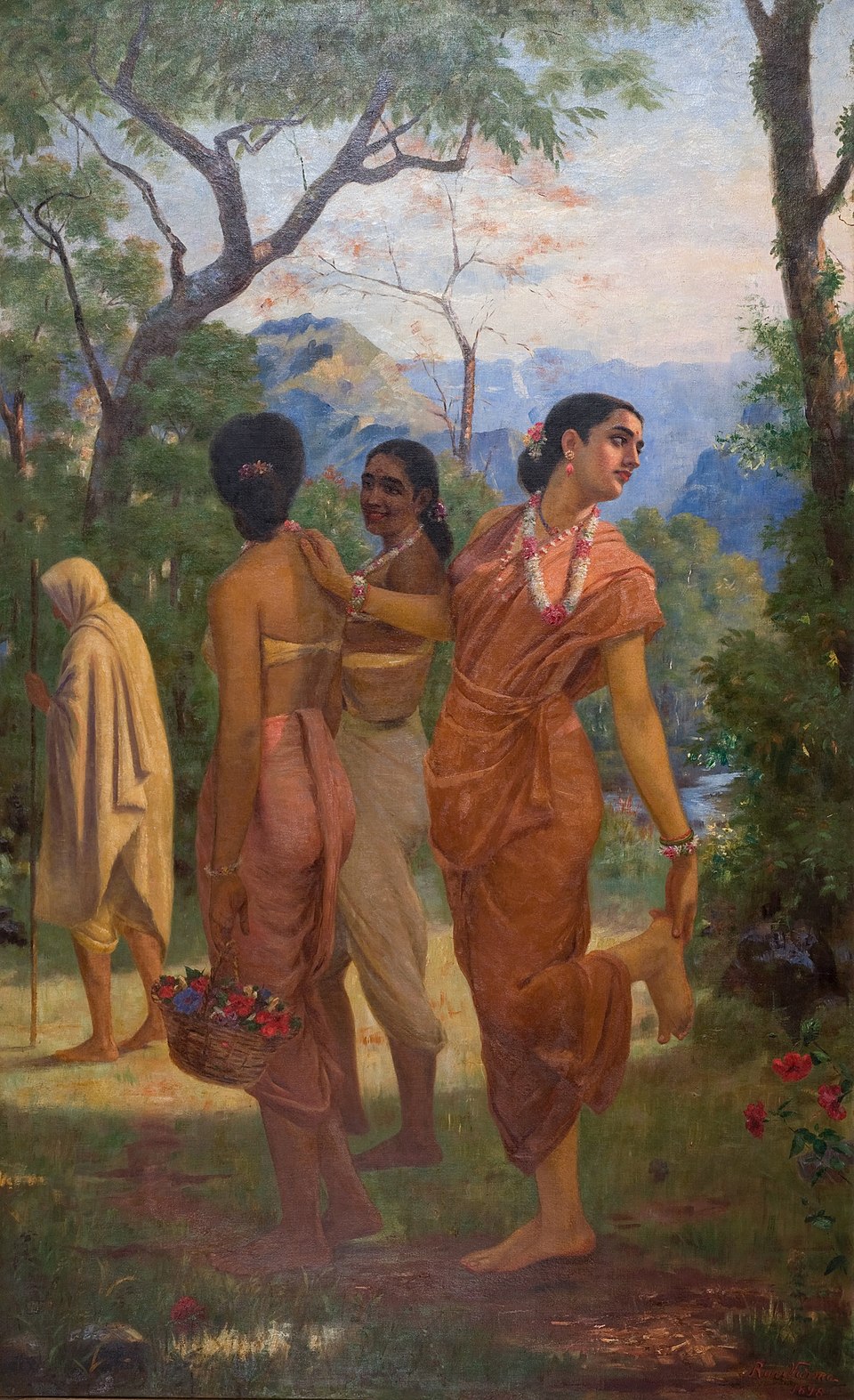 Shakuntala looking backwards for Dushyanta as she removes a thorn, painting by Raja Ravi Varma,19th century, Sree Chitra Art Gallery, Thiruvananthapuram.