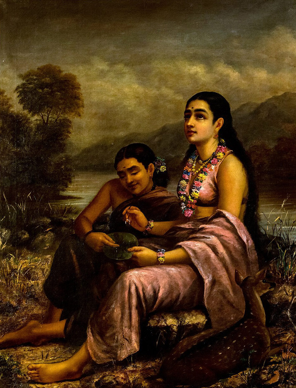 Shakuntala writing on a lotus leaf, painting by Raja Ravi Varma,19th century, Kowdiar Palace, Thiruvananthapuram, Kerala.