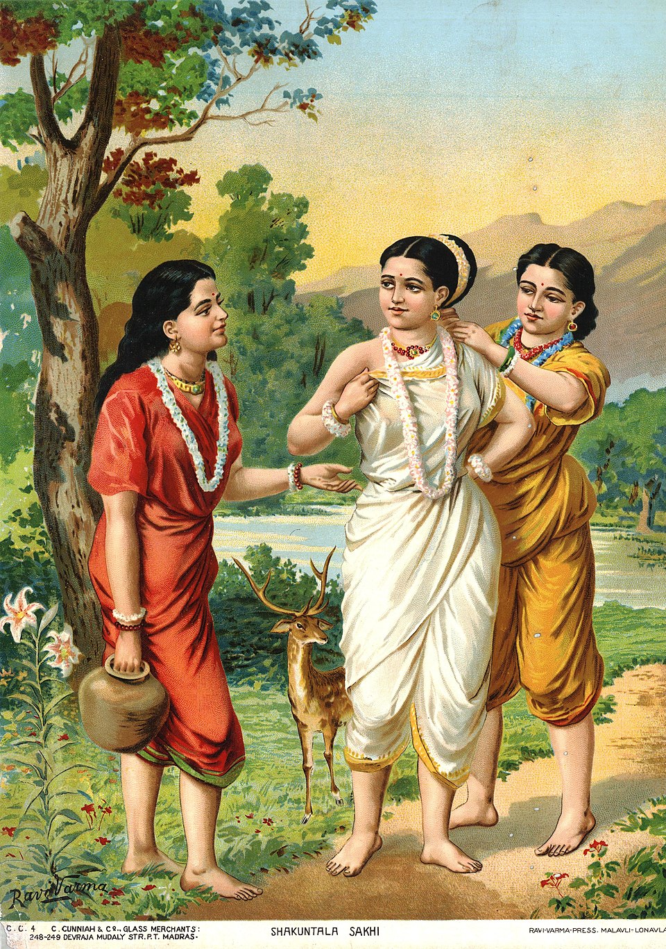 Shakuntala with her companions, Anusuya and Priyamvada, oleographic print of painting by Raja Ravi Varma,19th century.
