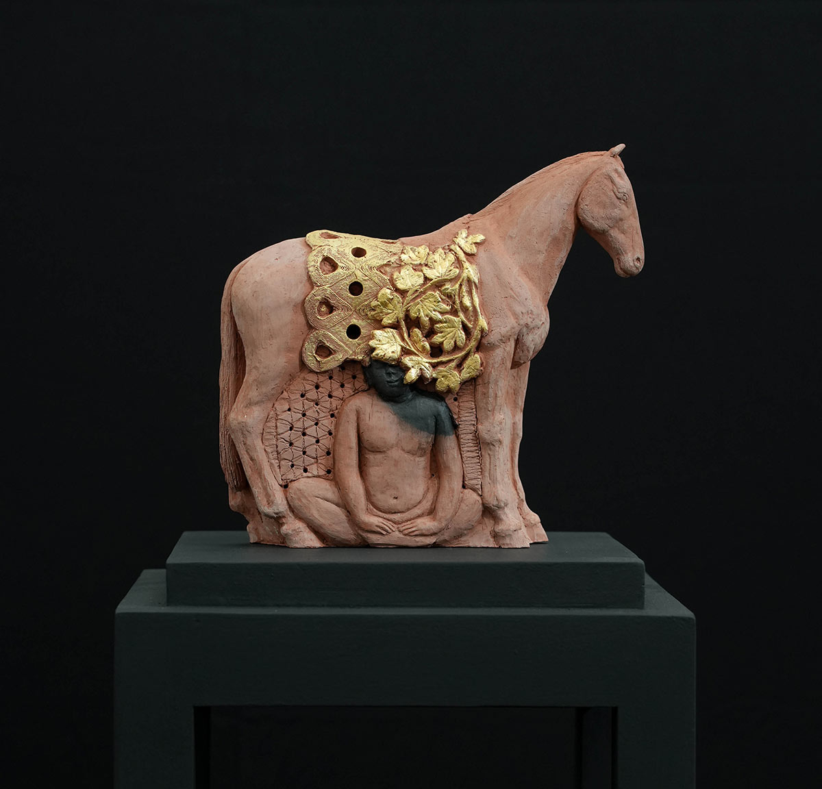 Chandrashekar-Koteshwar_Both-side_Painted-Wood,-Cement-and-Gold-Leaf-on-Terracotta_-49-x-11-x-11-inches_2025