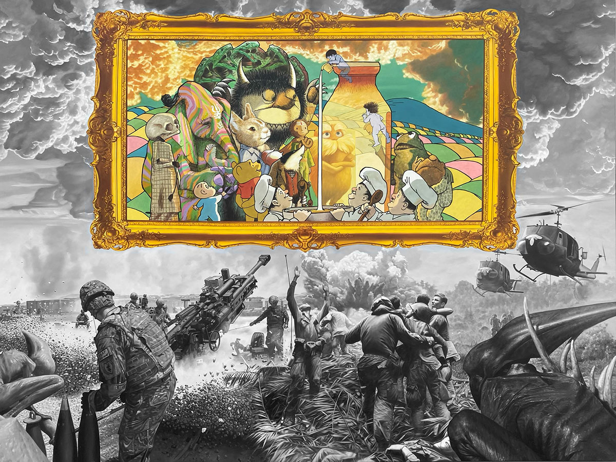 NFN-Kalyan,-Kurukshetra-(god-bless-milk-and-god-bless-me),-2021,-Oil-on-canvas,-64-x-85-inches