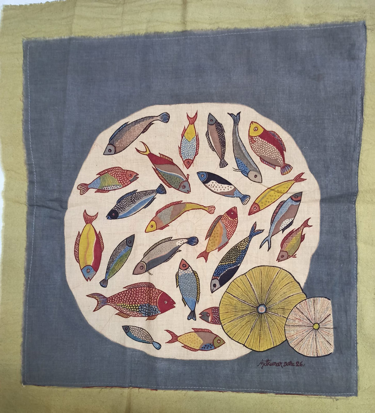 Ajit Kumar Das (b.1957) মৎস্য কমলপত্র II (The Fish and the Lotus Leaves II) Hand-painted with natural dyes on cotton cloth. 12 3/4 x 12 3/4 in. 2026 North 24 Parganas, West Bengal