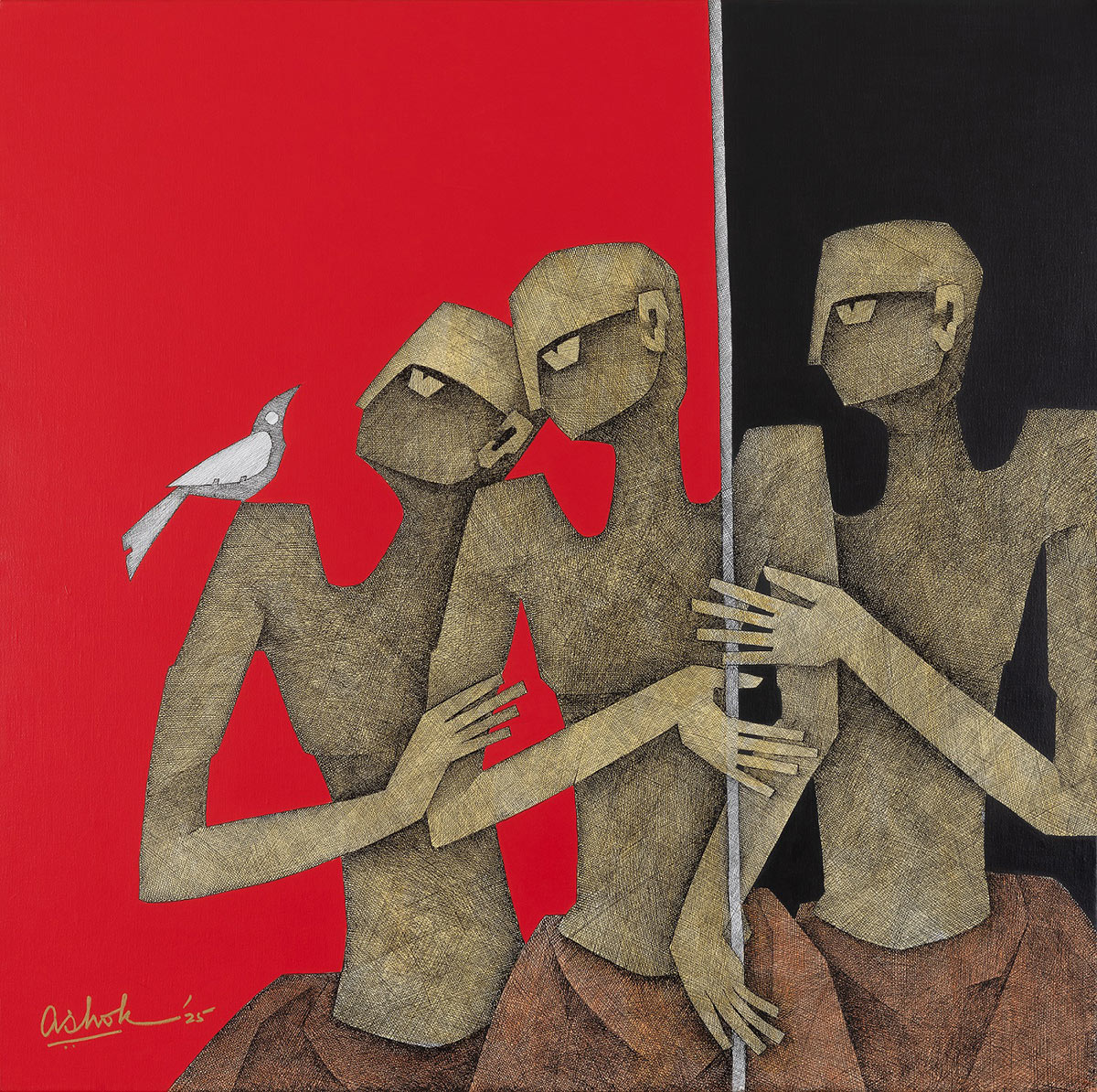 Ashok Bhowmick Fowlers 2 Pen & Ink Acrylic on Canvas 36X36 inches 2025