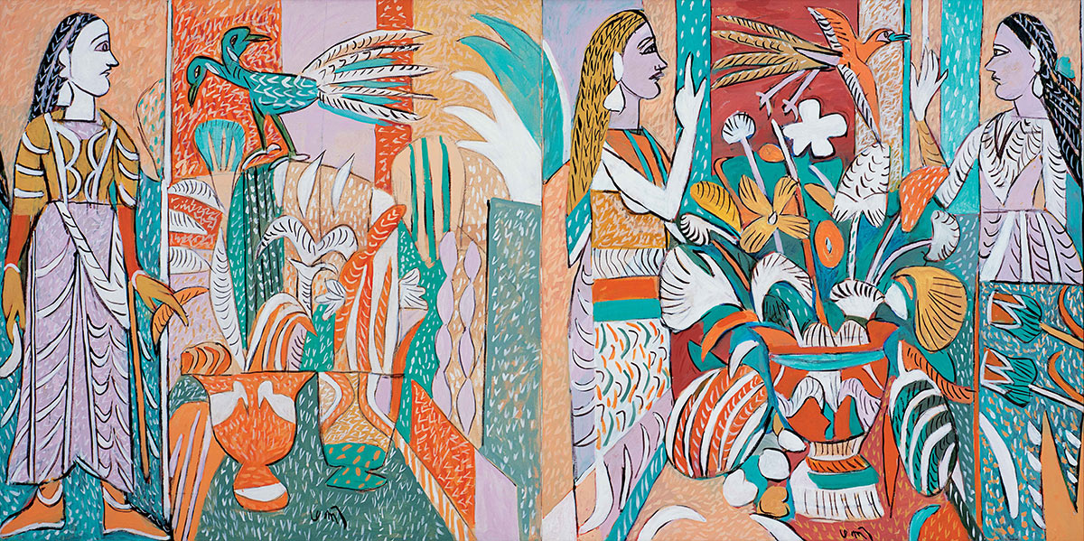 Lot-29-K-G-Subramanyan-Figures-With-Mystical-Birds-(Diptych)-