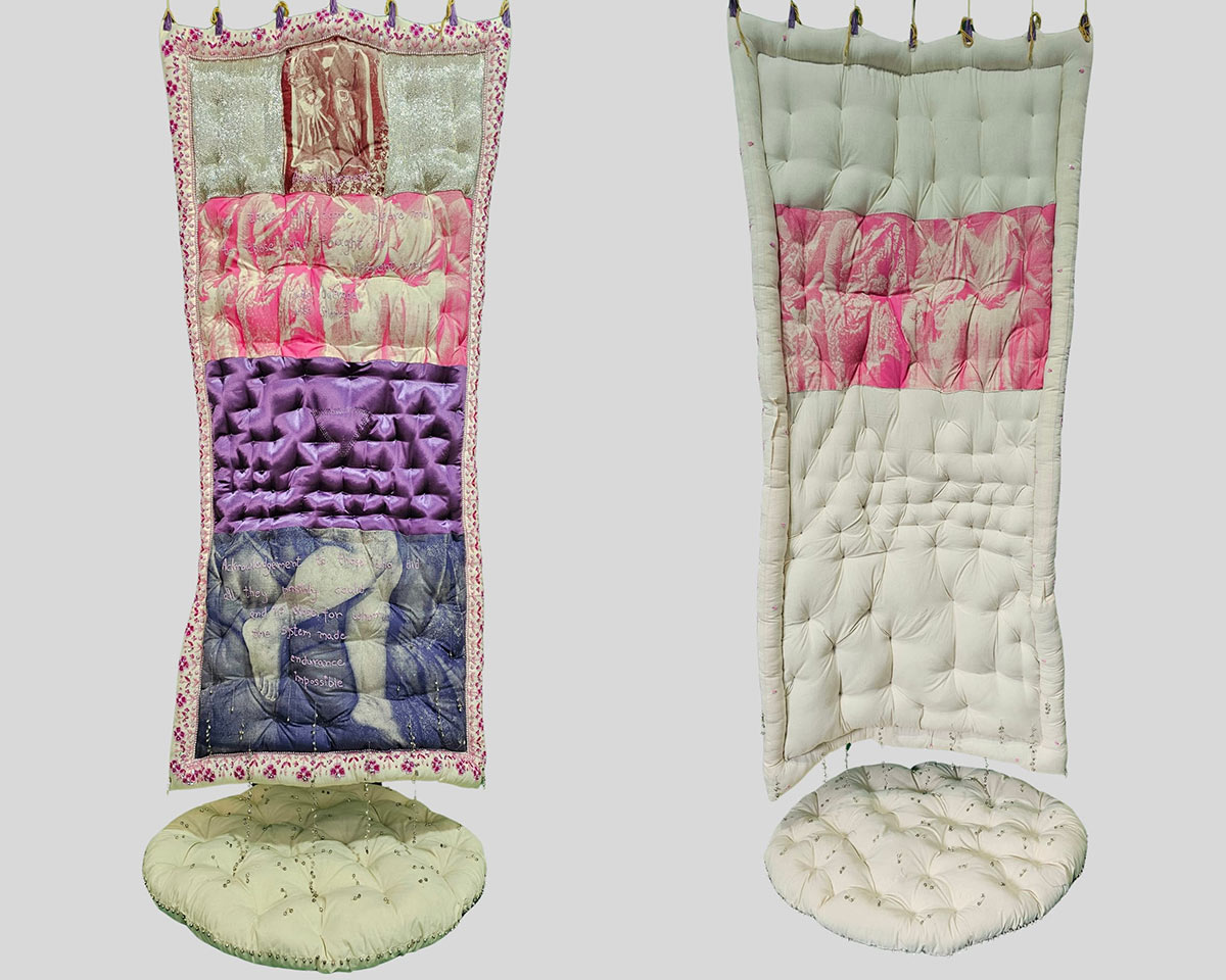 Sheelasha-Rajbhandari-In-Between-Rest-and-Resistance-Silk-screen-photographs-on-textile,-glass-bead-and-sequence-embroidery-Variable--2026