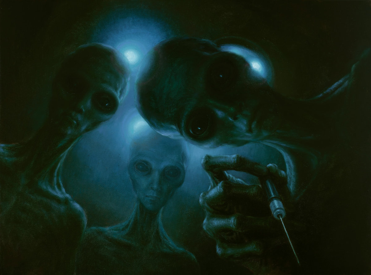 Aditya Puthur, Rosabella Believe Alien Abduction (2026), Oil on canvas, 18 x 24 in. Courtesy of Anant Art