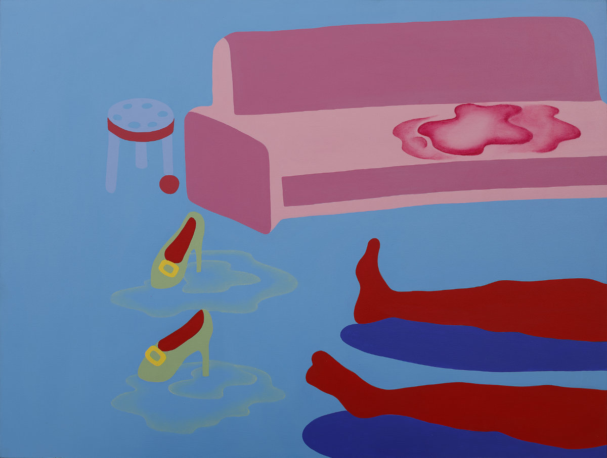 Anikesa Dhing, Idk if I forgot to close the tap (2026), Acrylic and oil stick on linen, 36 x 48 in Courtesy of Anant Art