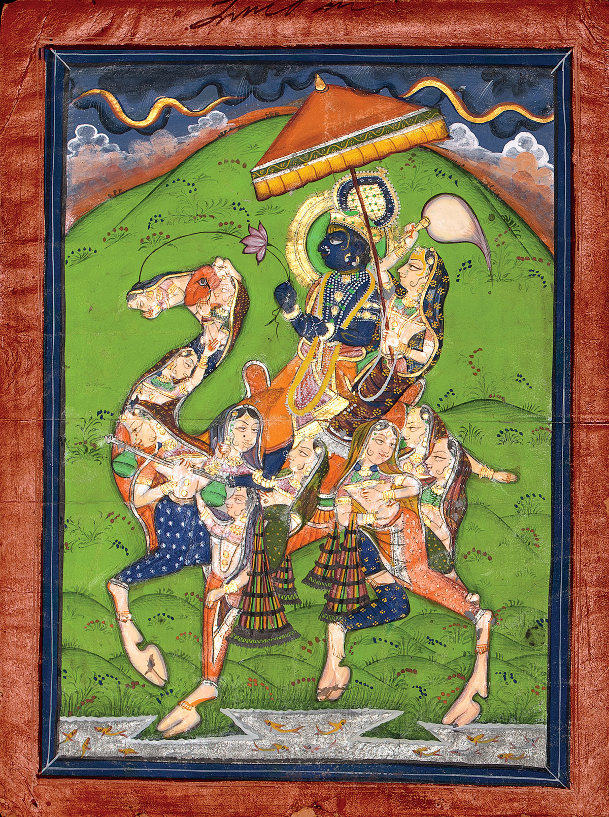 Krishna and Radha on a Composite Camel Kota, c. 1850 Opaque watercolour heightened with gold and silver on wasli