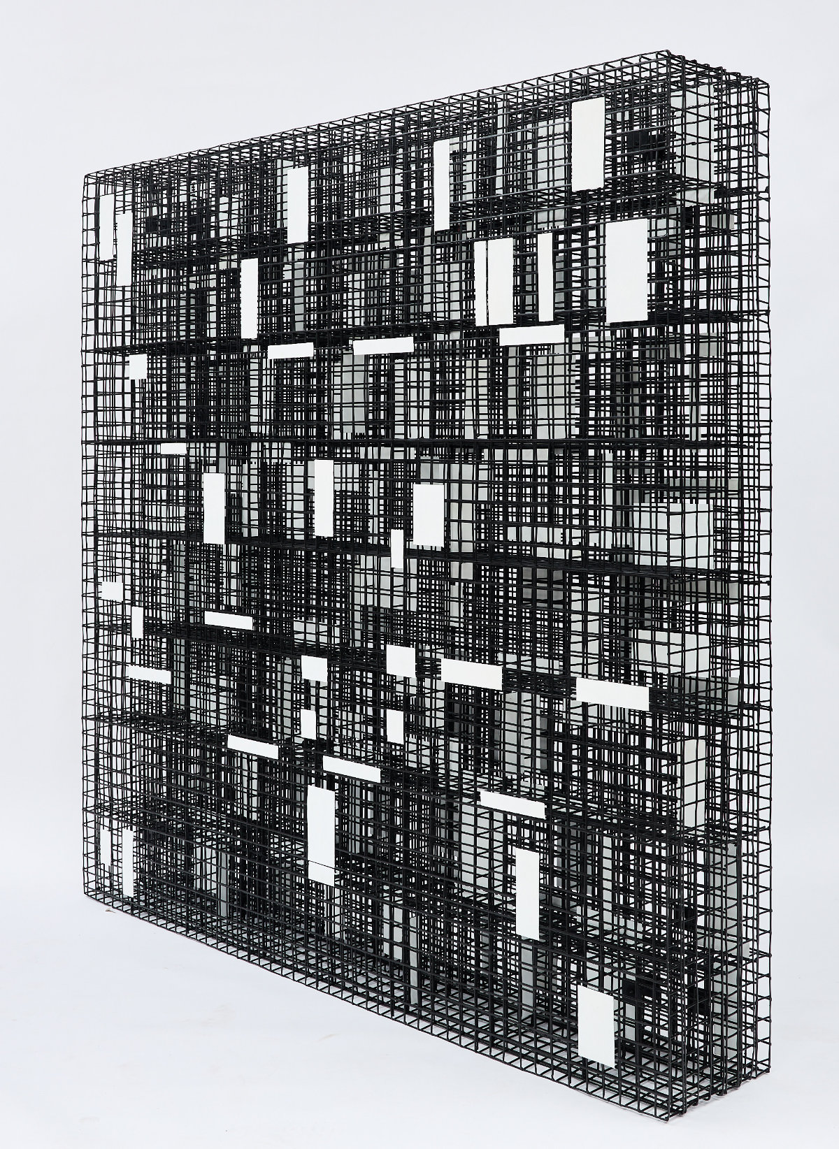 Manish Nai, Untittled, 2026, Painted aluminium elements on multiple stainless steel mesh panels, 57.5_ H x 57.5_ W x 9.5_ D x W - 50kg (side view 1)