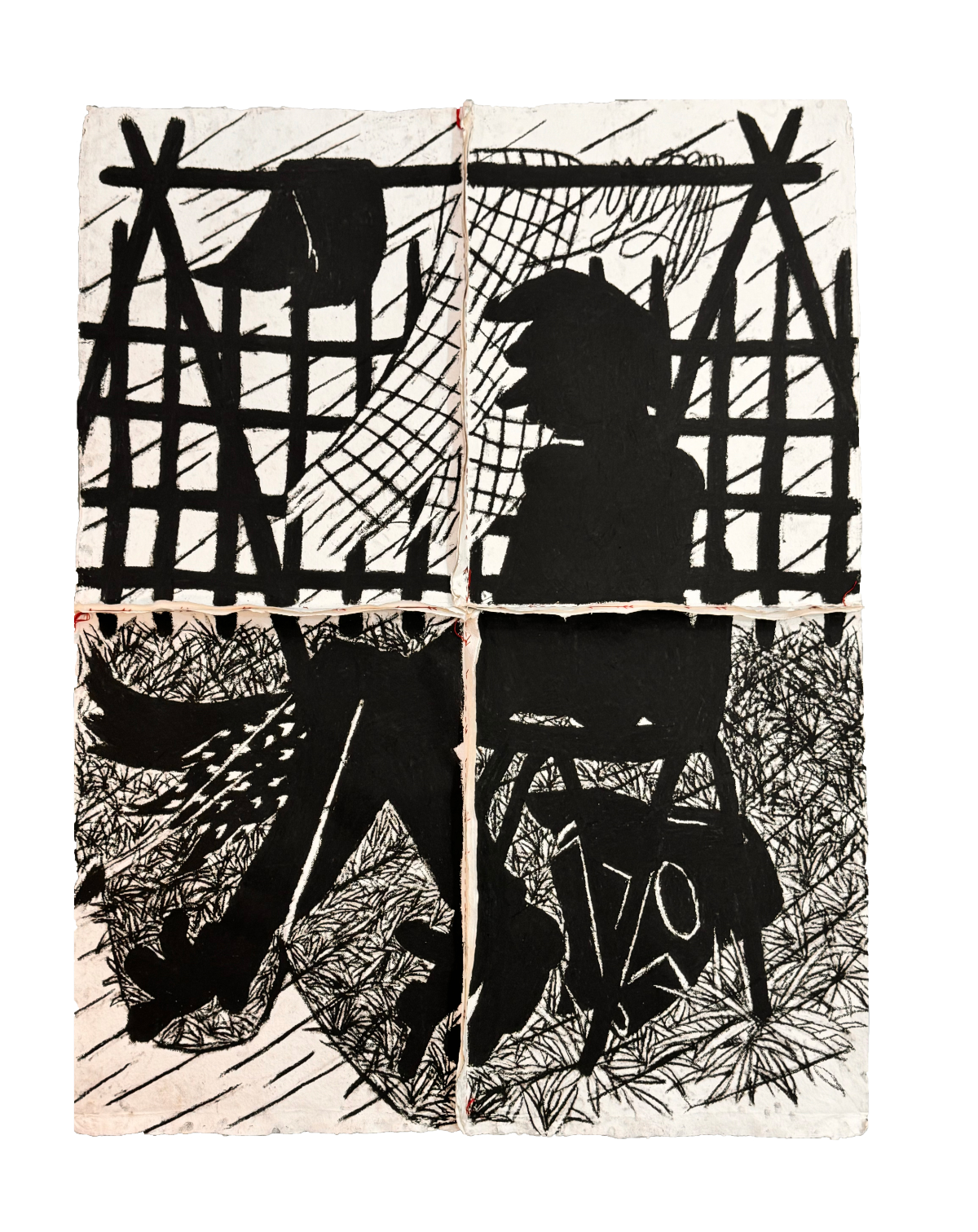Thamshangpha Maku, Anticipating Rain, 2026, Crayon smudged on cotton handmade paper, stitched with yarn, 65.3 x 51.1 in