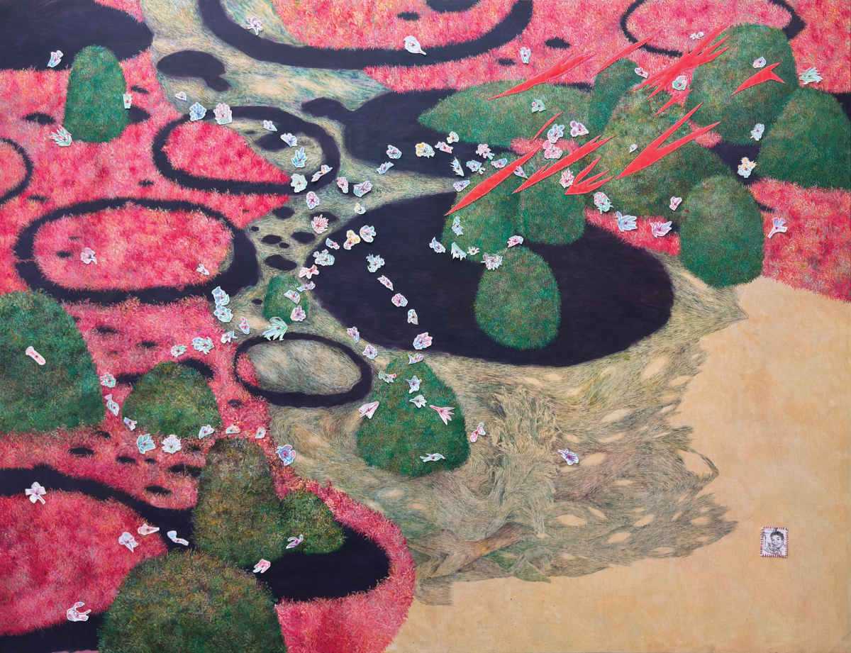 Thamshangpha Maku, Idyllic Estrangement, 2026, Oil on canvas, Pencil drawing on paper cut-out stitched with yarn, 66 x 84 in