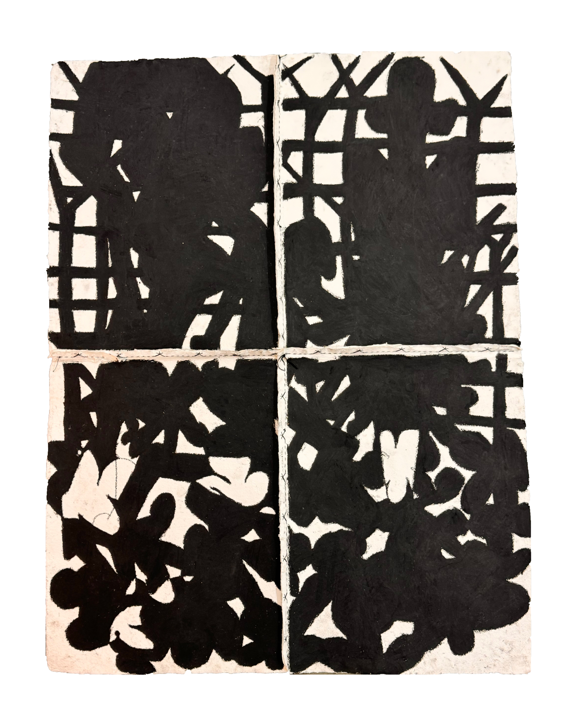 Thamshangpha Maku, Kasi Rei, 2026, Crayon smudged on cotton handmade paper, stitched with yarn, 65.3 x 51.1 in