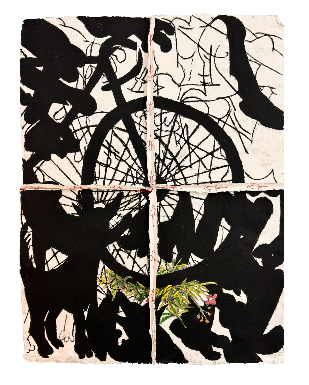 Thamshangpha Maku, Running Over a Flower, 2026, Crayon smudged on cotton handmade paper, stitched with yarn, 65.3 x 51.1 in