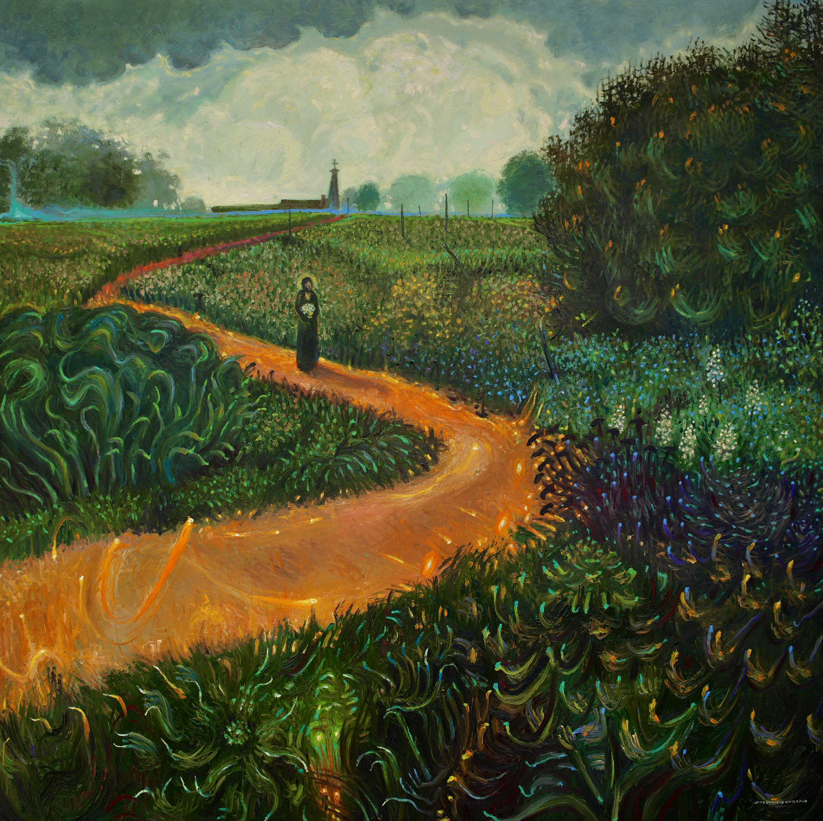 Tito Stanley S J, The Bloom and the Tempest (2025), Oil on wooden panel, 24 x 24 in. Courtesy of Anant Art
