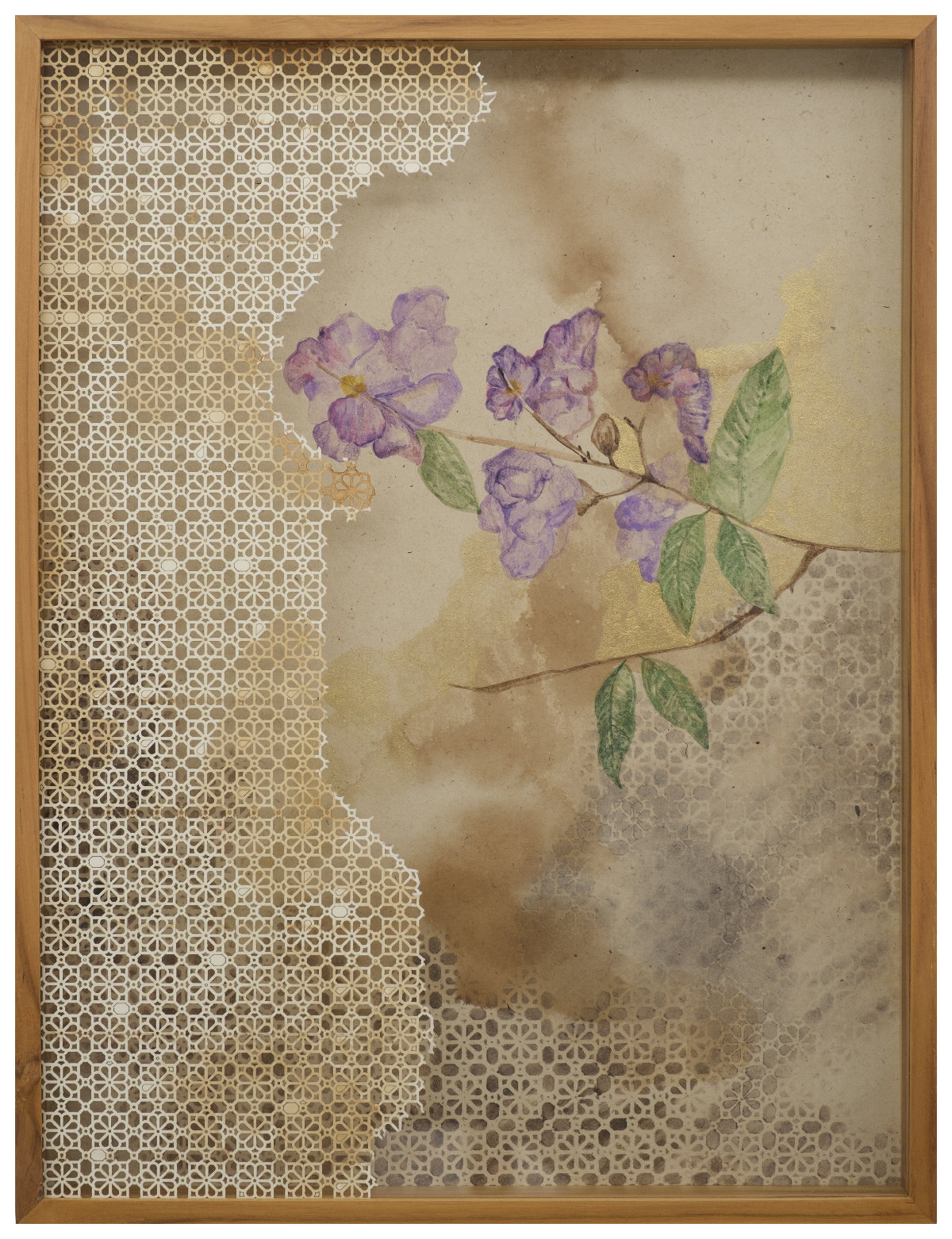 Riddhi Shah,Untitled, 17.5x13.5 inches, Gouache, Gold Pigment and Walnut Stain on Acid Free Paper and Paper Cut Jali, 2026 (4)
