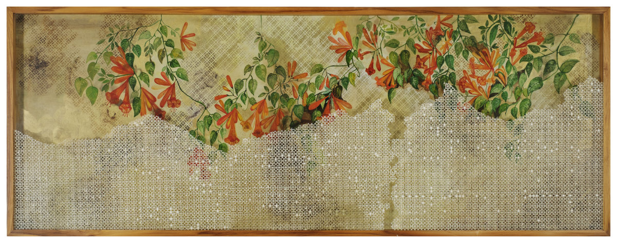 Riddhi Shah,Untitled, 23.5 x 64 inches, Gouache, Gold Pigment and Walnut Stain on Acid Free Paper and Paper Cut Jali, 2026