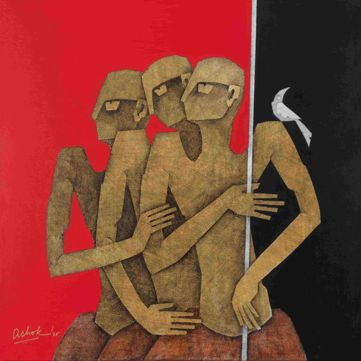 Ashok Bhowmick, Fowlers, 36 x 36 inches, Acrylic, Pen and Ink Crosshatch on Canvas (1)