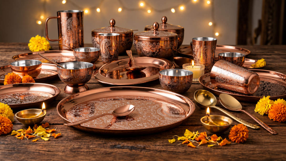 Festive Copper Thali with Diyas and Marigolds