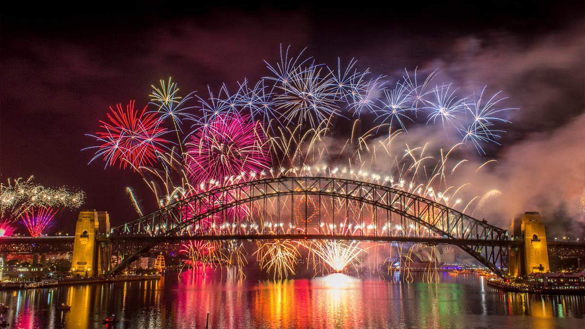 Fireworks over the Sydney Harbour Bridge at night